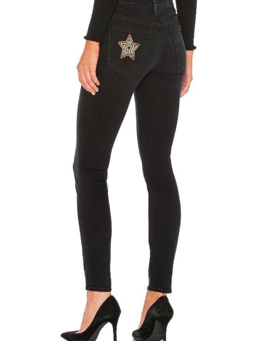 MOTHER Denim High Waisted Looker Jeans in Blackbird Wash Embroidered Star Sz 27